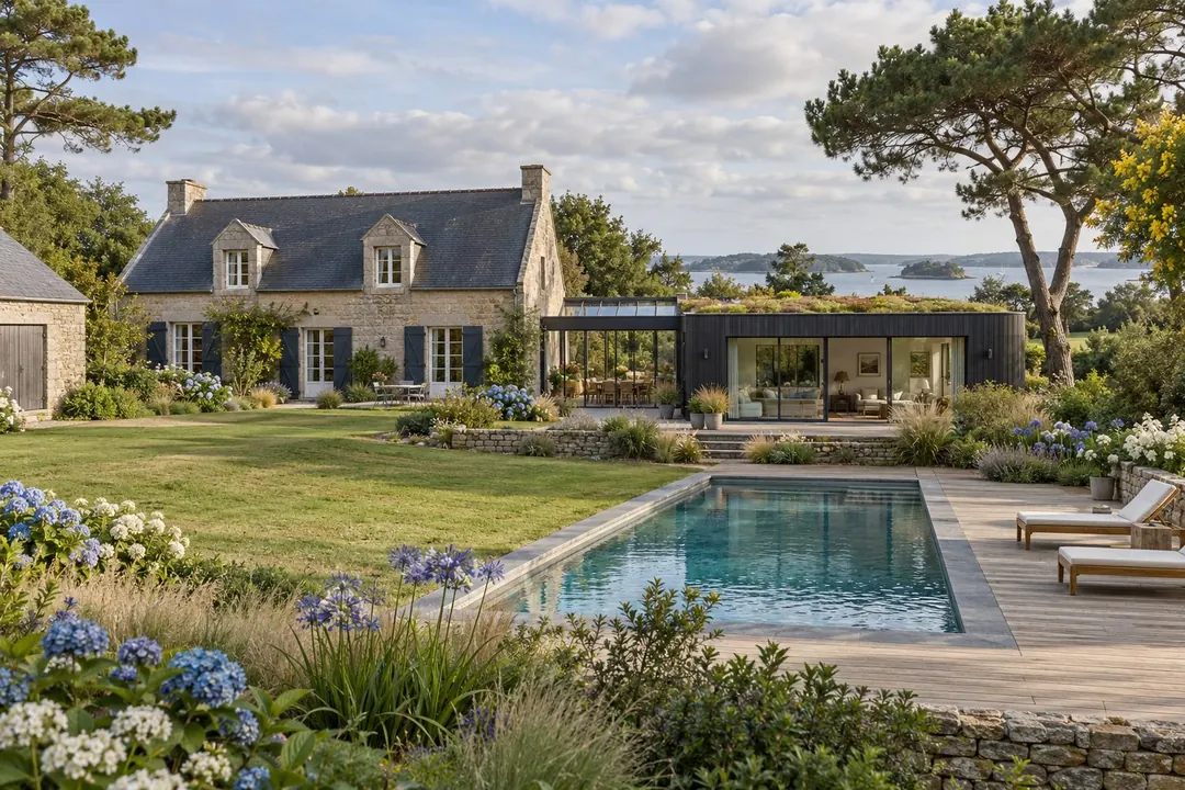 Le jardin et la piscine de la maison de démonstration de l'espace propriétaire