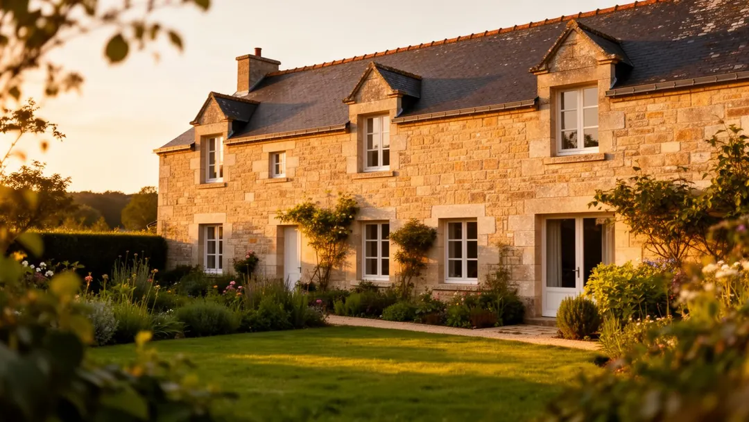 Une maison de pierre bretonne et son jardin, dans la lumière du soir