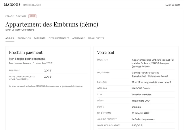 Espace locataire de démonstration : prochain paiement, solde et informations du bail d'un appartement fictif.