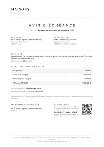 Avis d'échéance de novembre 2026, émis sous la marque MAISONS Gestion, d'un appartement fictif à Vannes : bailleur et locataire fictifs, loyer et provision pour charges, date d'exigibilité, code et QR code de vérification.