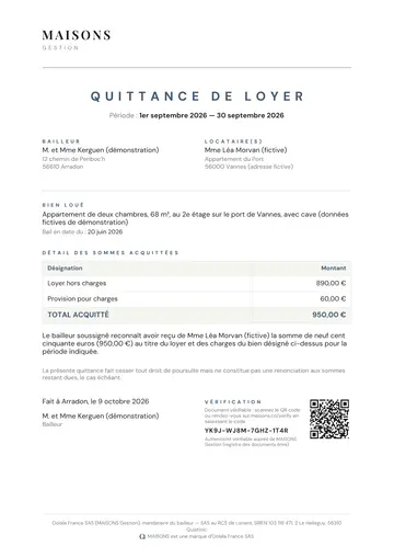 Quittance de loyer de septembre 2026, émise sous la marque MAISONS Gestion, d'un appartement fictif à Vannes : bailleur et locataire fictifs, sommes acquittées, code et QR code de vérification.