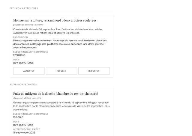 Espace propriétaire : décision attendue sur un devis de démoussage de toiture, avec proposition, budget indicatif et boutons Accepter, Refuser, Reporter.