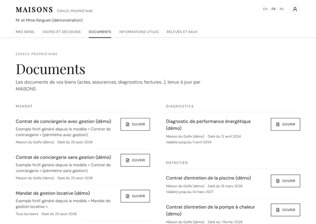Espace propriétaire : documents de la maison (mandat, assurance, diagnostics) et informations utiles (accès, compteurs).