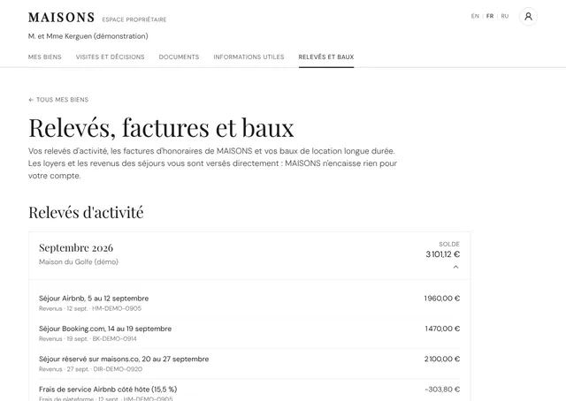Espace propriétaire : relevé d'activité mensuel d'une maison de démonstration, détaillé ligne par ligne, avec le solde.